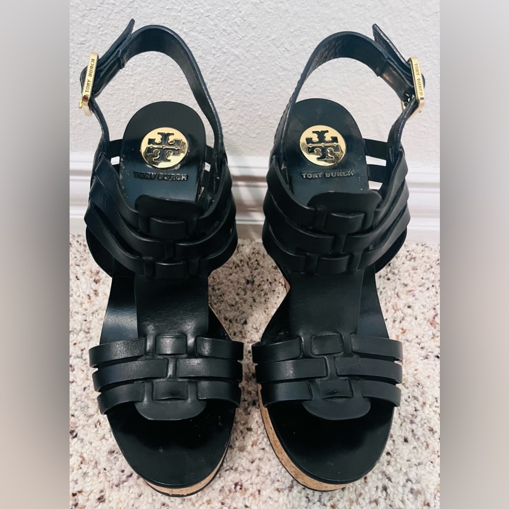 Tory Burch Black Leather Sandals with Cork Wedge